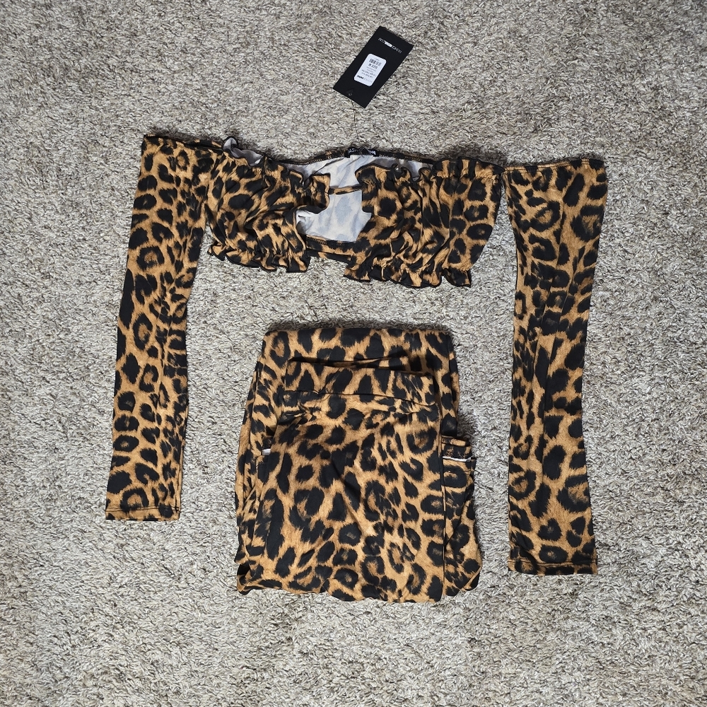 Fashion Nova Leopard Print Bell Bottom  Pants & Ruffle Top Set